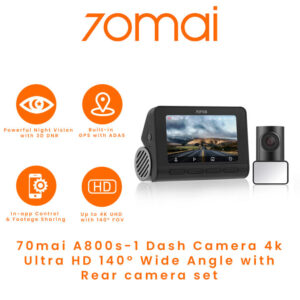 كاميرا سيارة داش كام أمامية وخلفية A800S-1 بدقة 4K من 70mai - اسود  70mai Dash Cam A800S-1- 4K