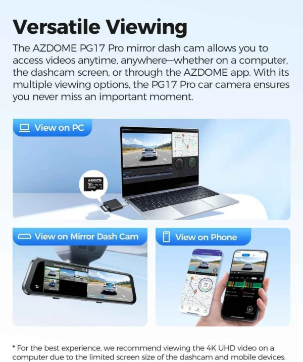 AZDOME PG17 MAX 2CH 4K Mirror Dash Cam with 12" Touch Screen
